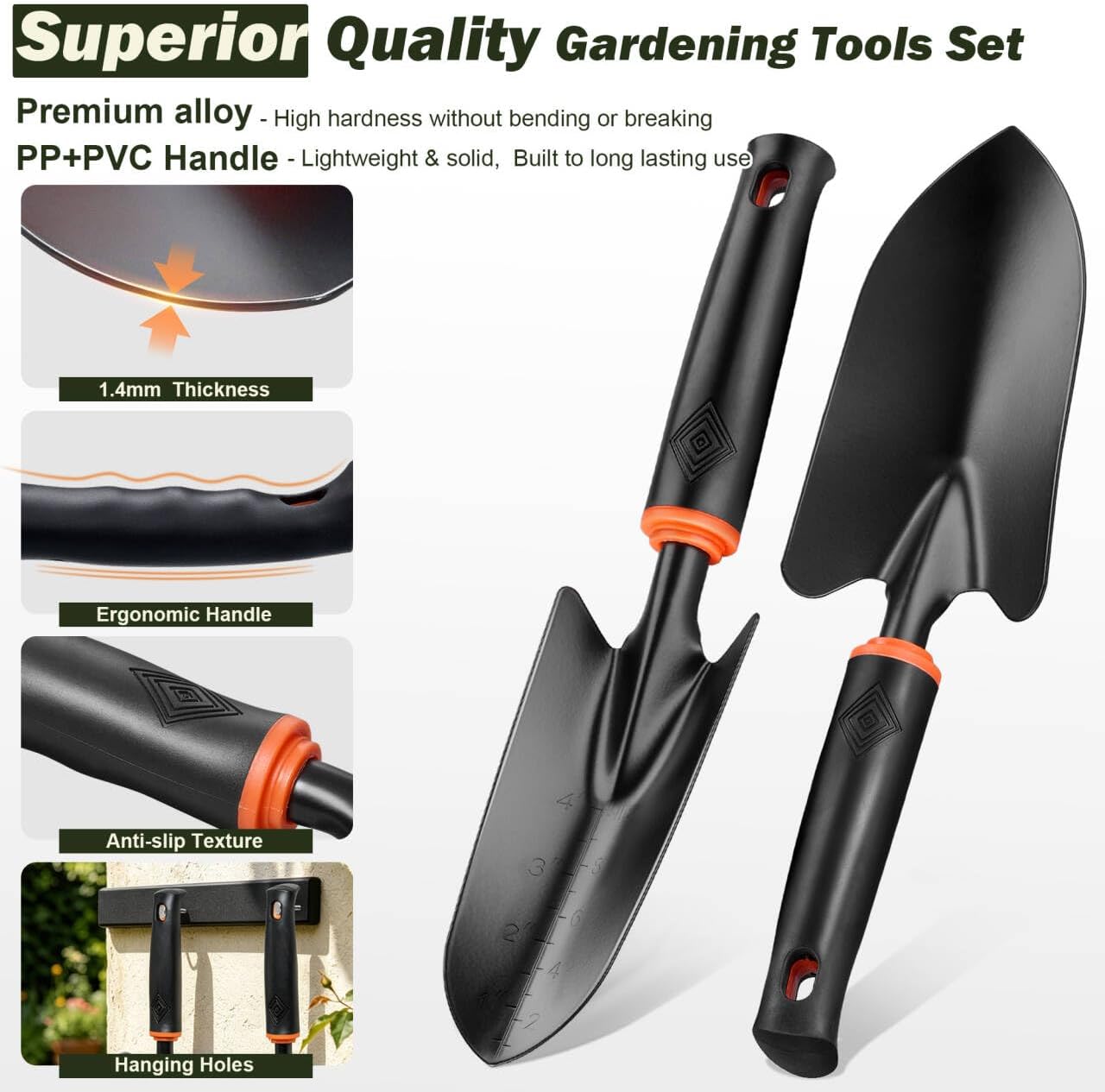 Joyfair Gardening Tools, 12 Pcs Garden Tool Set for Planting & Weeding | 1.4MM Thick Premium Steel, Less Prone to Deformation, Ergonomic Contoured Grip, Suitable for Indoor and Outdoor Planting