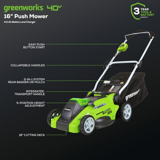 Greenworks 40V 16" (Push) Cordless Lawn Mower, 4.0Ah Battery (1/3 Acre, Push Button Start, Compatible with 75+ Tools)