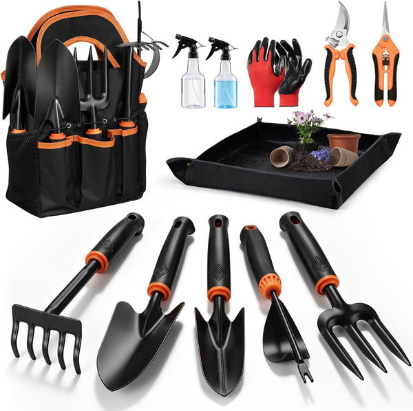 Joyfair Gardening Tools, 12 Pcs Garden Tool Set for Planting & Weeding | 1.4MM Thick Premium Steel, Less Prone to Deformation, Ergonomic Contoured Grip, Suitable for Indoor and Outdoor Planting